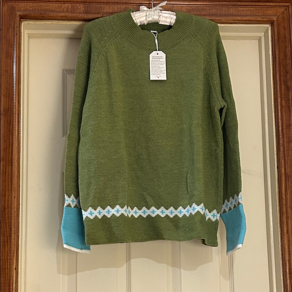 NWT Green and Blue Crew Neck Sweater with Patterned Trim